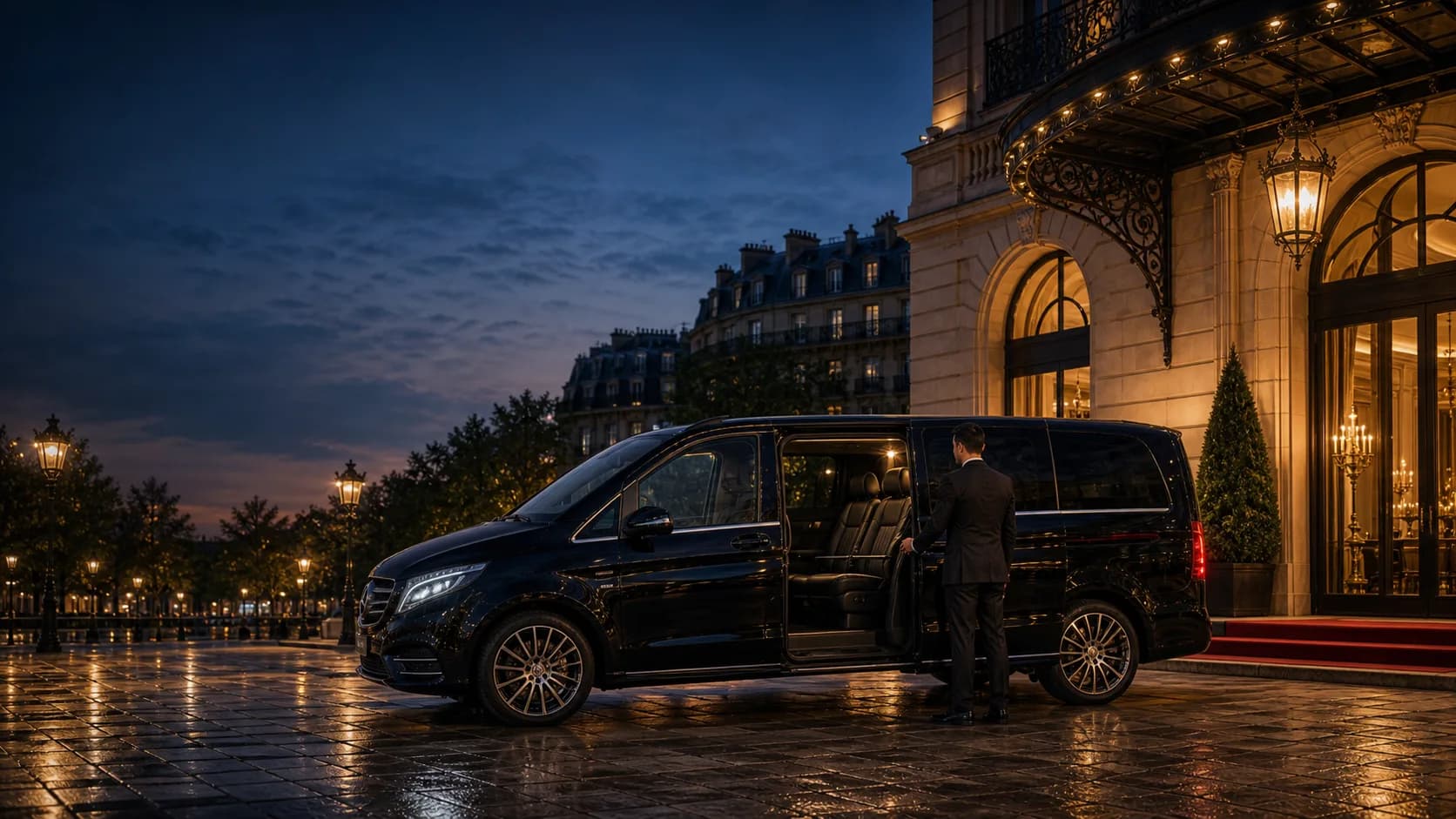 Mercedes V-Class private chauffeur van outside a Paris hotel