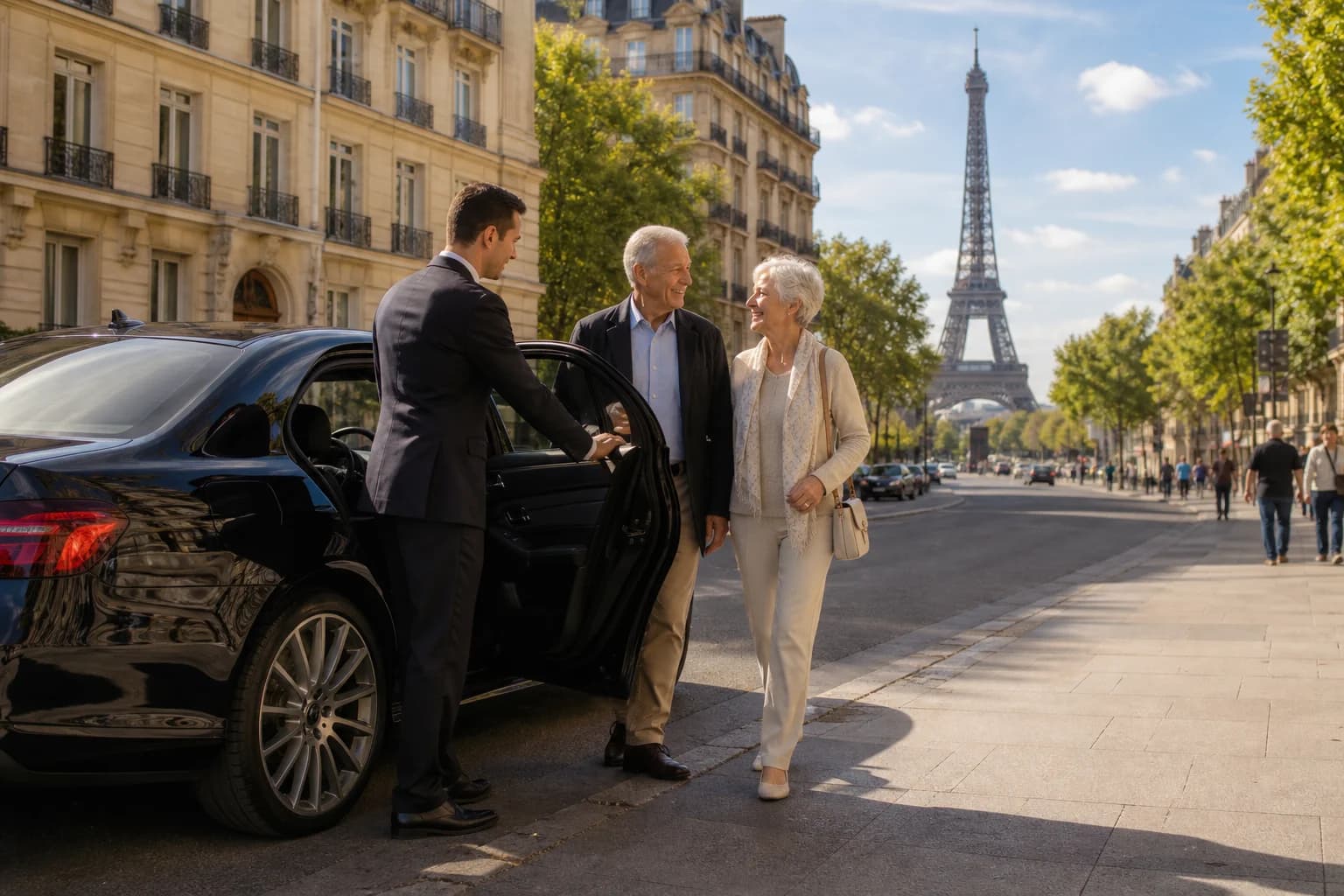 A private chauffeur drops cruise guests near the Eiffel Tower during a sunny Paris visit