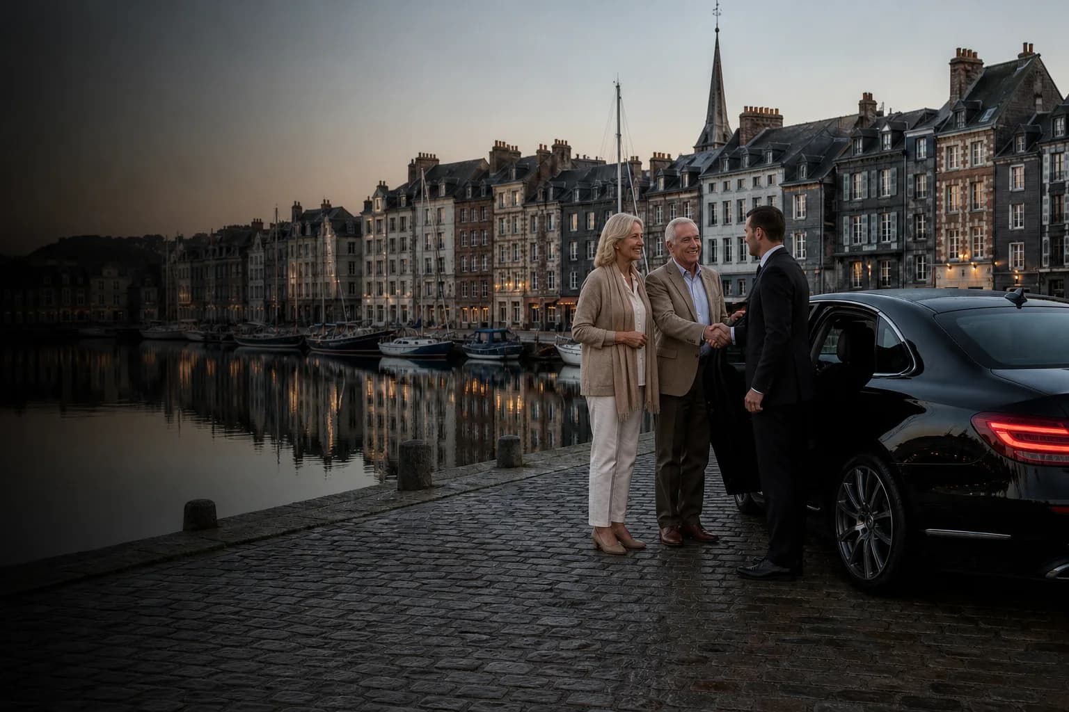 Chauffeur meeting travelers by Honfleur harbour