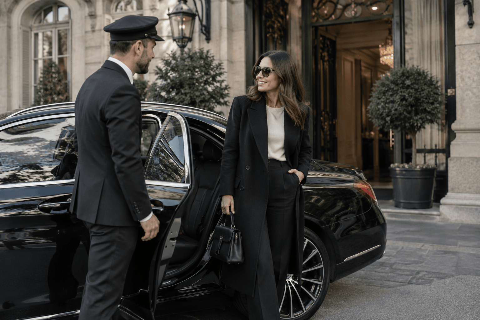 Passager précisant son trajet à un chauffeur devant une berline à Paris