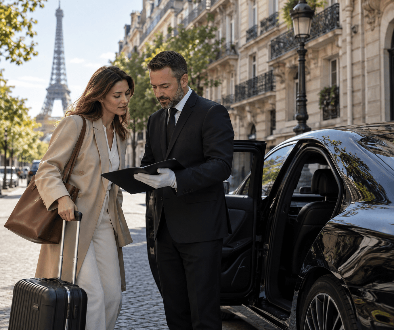 Traveler and chauffeur reviewing an itinerary beside a car on a Paris street