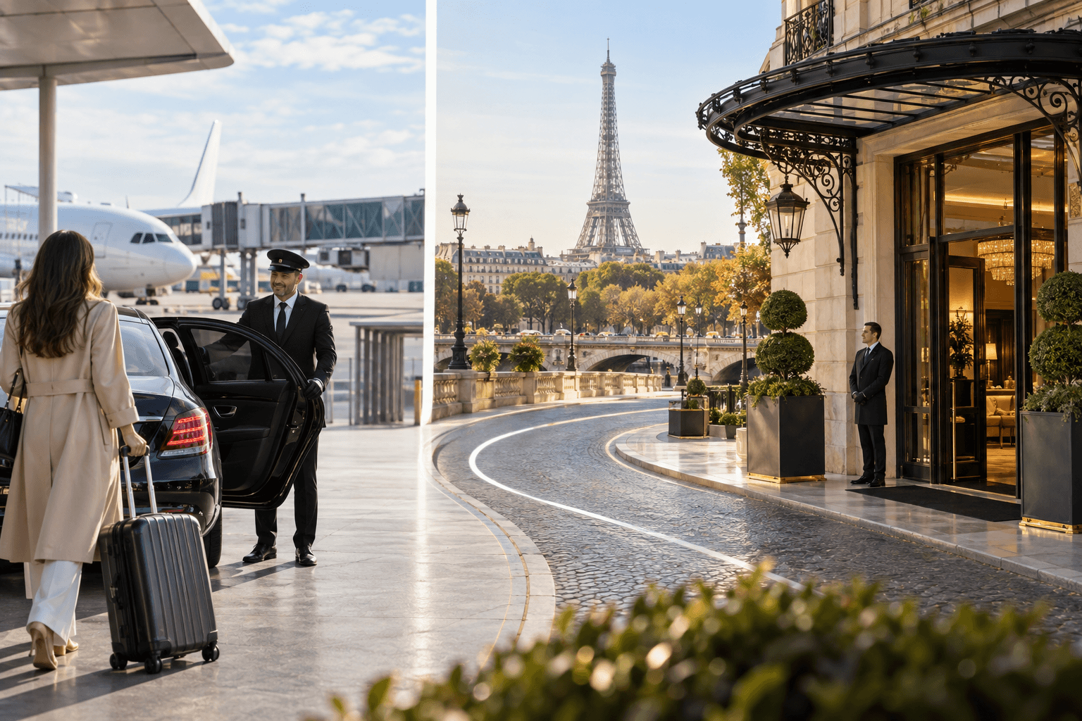 Illustration of a direct chauffeur transfer from a Paris airport to a hotel
